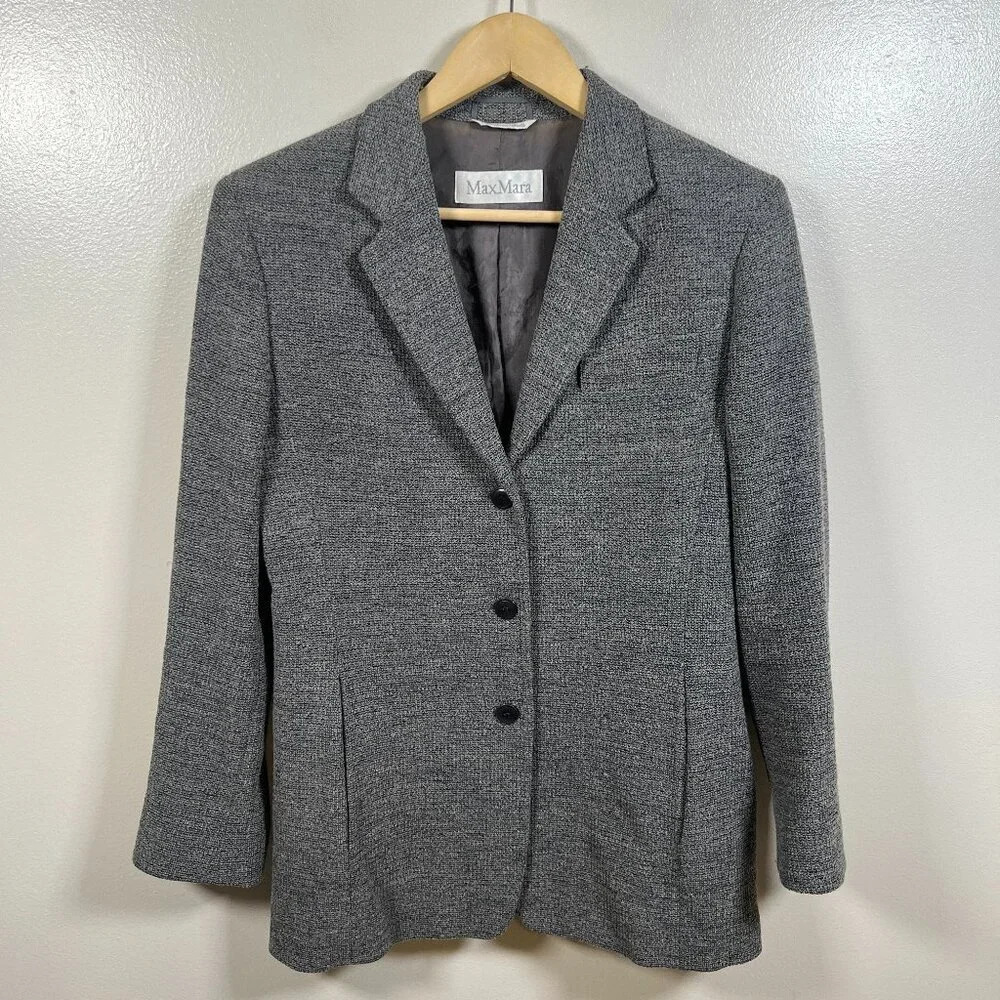 VTG Max Mara Blazer Jacket Size 8 Gray Blue Wool Blend Career Professional Work